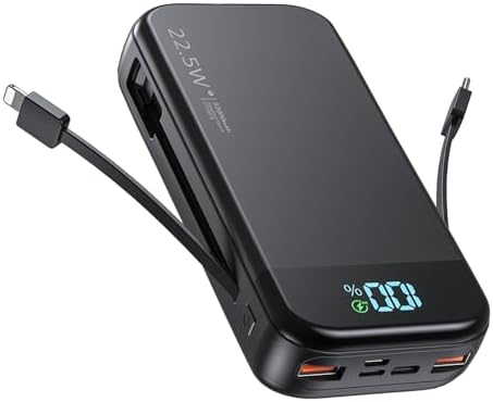 BLJIB Portable Charger 32000mAh, 22.5W QC 3.0 PD 20W Smart LED Display Fast Charging Built in Cables MFi Certified Power Bank, External Battery Pack Charge 5 Devices Compatible with Cellphones (Black)