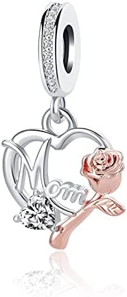 MZC Jewelry Mom Charm for Pandora Bracelets Women Girl Rose Gold Flower Love Heart Dangle Mother Bead from Daughter Son Birthday
