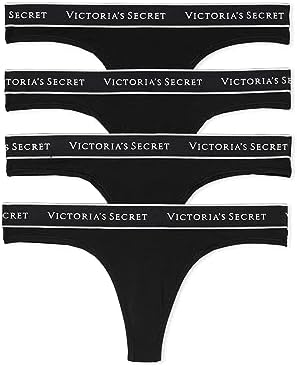 Victoria's Secret Cotton Logo Thong Panty Pack, Underwear for Women, 4 Pack, Black (XL)