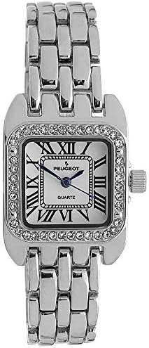 Peugeot Women's Tank Shape Watch with Panther Link Bracelet, Dress Watch with Crystal Bezel and Roman Numeral Dial