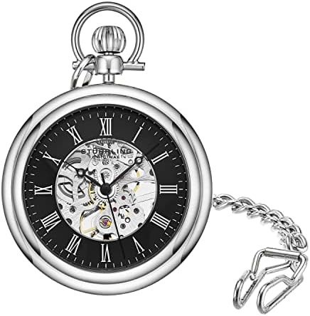 Stuhrling Original Men's Pocket Watch Stainless Steel Analog Skeleton Watch Hand Wind Mechanical Movement Stainless Steel Chain