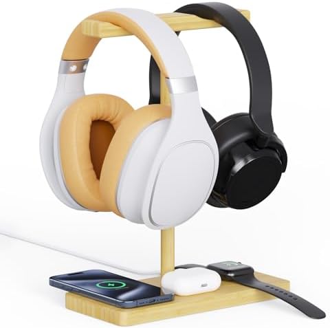Headphone Stand with 3-in-1 Wireless Charger for iPhone, Airpods, iWatch and Other Qi-Enabled Phones, Smart Watches and Earbuds, Holds Two Headsets, Support 15W Fast Charging, Type-C Cord Included