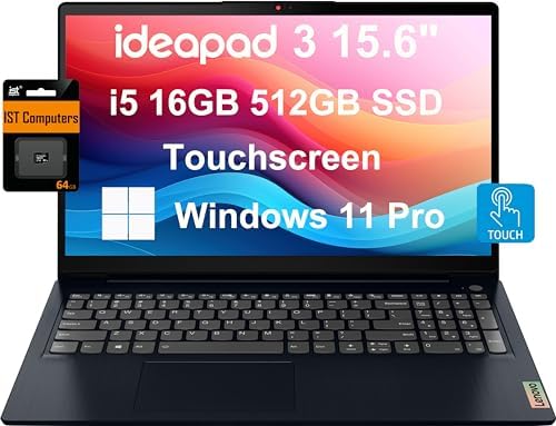 Lenovo IdeaPad 3 3i Laptop (15.6" FHD Touchscreen, Intel Core i5-1155G7, 16GB RAM, 512GB SSD) Narrow Bezel, Webcam, 12-Hr Long Battery Life, Wi-Fi 6, IST SD, Win 11 Pro, Business & Home, Abyss Blue