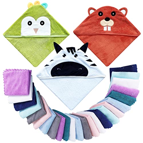 Lovely Care 3 Pack Baby Hooded Bath Towel with 24 Count Washcloth Sets for Newborns Infants & Toddlers, Boys & Girls - Baby Registry Search Essentials Item - Penguin, Zebra, Groundhog