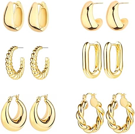 6 Pairs 14K Gold Hoop Earrings for Women Lightweight Chunky Hoop Earrings Multipack Hypoallergenic, Thick Open Twisted Huggie Hoops Earring Set Jewelry for Gifts.