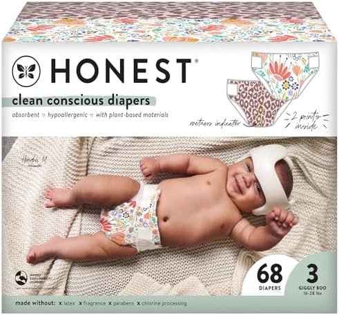 The Honest Company Clean Conscious Diapers | Plant-Based, Sustainable | Wild Thang + Flower Power | Club Box, Size 3 (16-28 lbs), 68 Count
