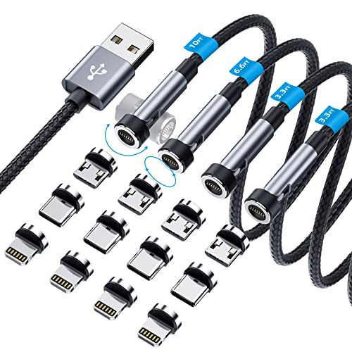 Ankndo 540° Rotation Magnetic Charging Cable, 3 in 1 Phone Charger [4-Pack, 3ft/3ft/6ft/10ft] 3A Fast Cable Support Data Transfer USB Magnet for iPhone/Micro USB/Type C Device