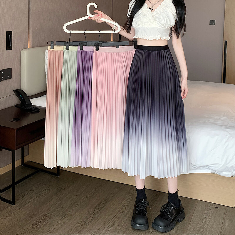 Gradient Pleated Skirt for Women 2023 Summer New Arrival Elastic High Waist Versatile Slimming A- line Midi Skirt