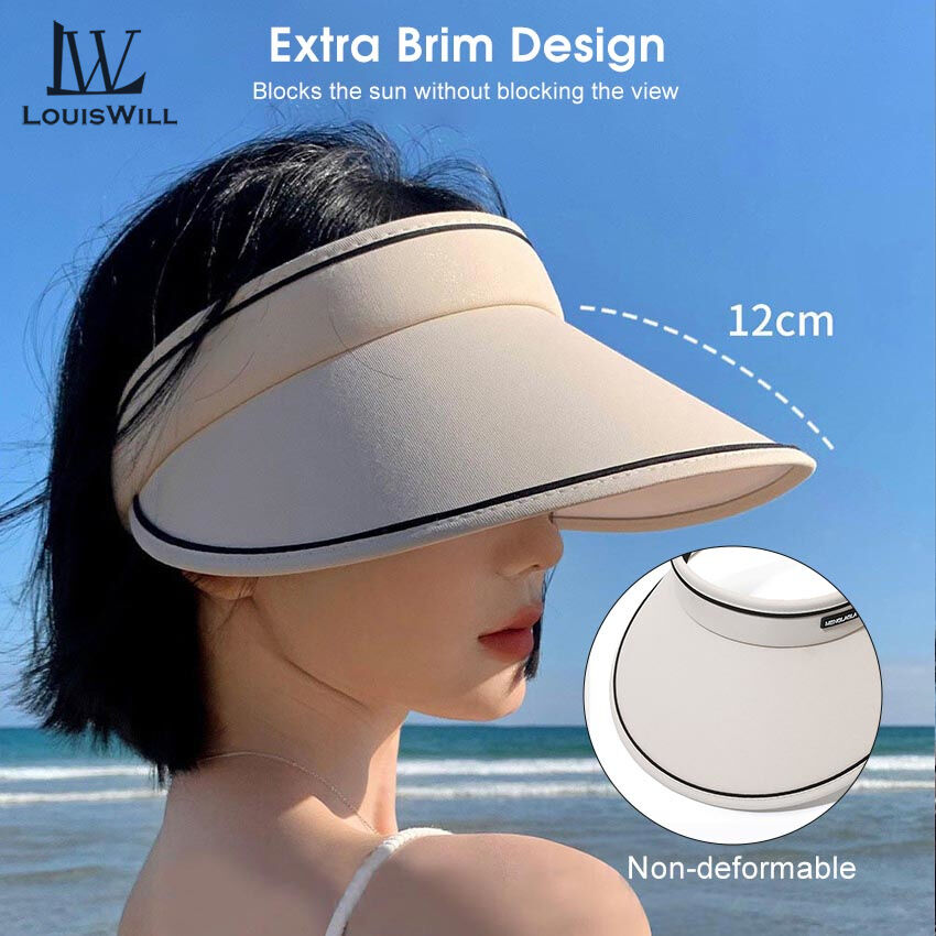 LouisWill Women's Hats & Caps Women Sun Cap Sun Visor Hat Foldable Empty Top Hat Casual Sport Sun Hat Portable Beach Cap Large Brim Cap Sun Protection Cap UV Protection Straw Hats With Windproof Rope 