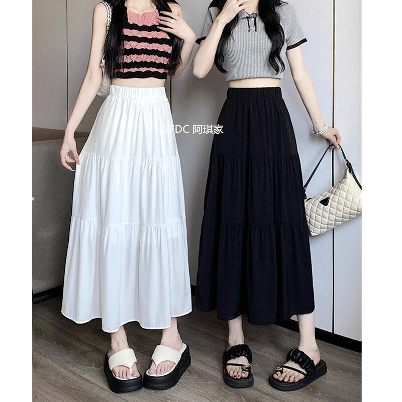 White Skirt Women's Spring and Autumn 2024 New Arrival Elastic High Waist Cover Slim Looking Mid-Length Tiered-Ruffle Dress Umbrella Skirt Ins