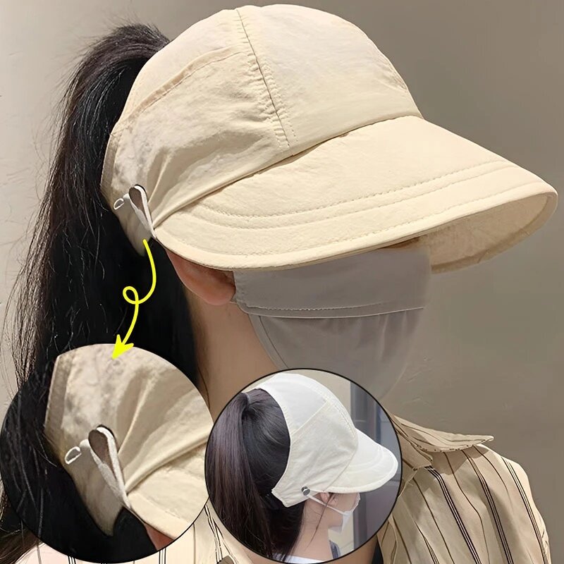 Adjustable Wide Brim Sunhat Women Summer Outdoor Beach Sun Visors Ponytail Fisherman Caps Drawstring Hollowed out Bucket Hats
