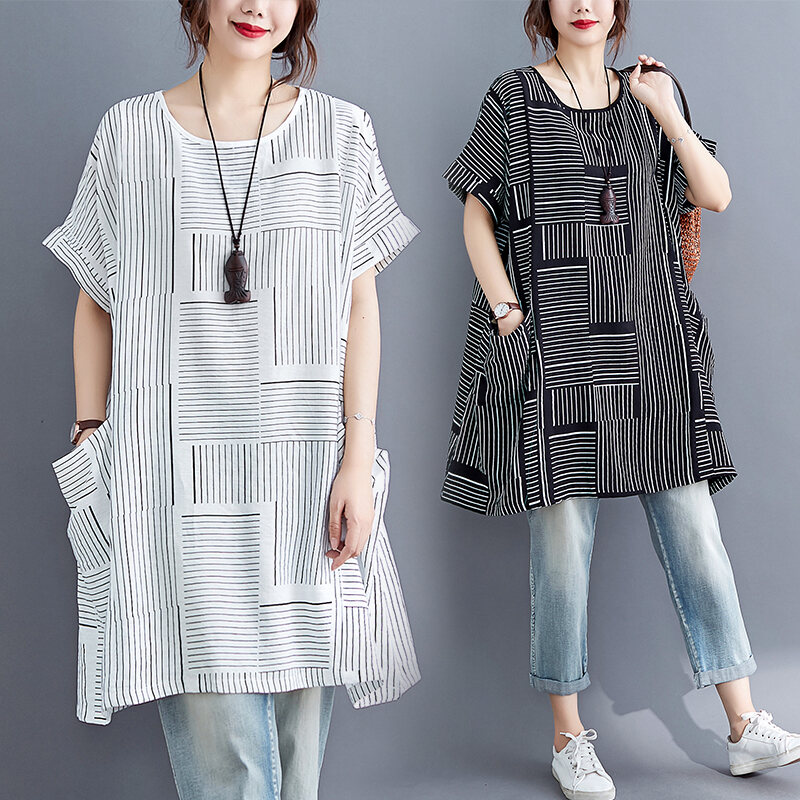 Fat Sister Summer Clothing Stripe Dress Plus size women clothing 100.00kg Mid-Length Slimming Casual Belly Covering Summer T-shirt Skirt Women