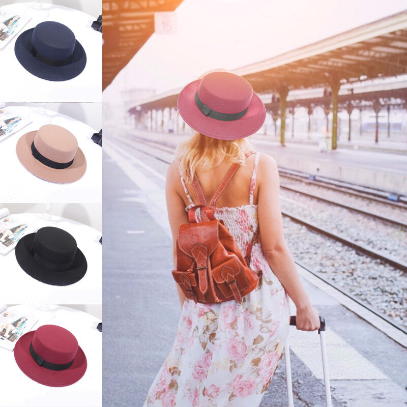 FAITOLAGI Spring Autumn Woolen Women Hat Classic Solid Color Felt Fedoras Hats Female Lady Wide Brim Flat Top Jazz Cap