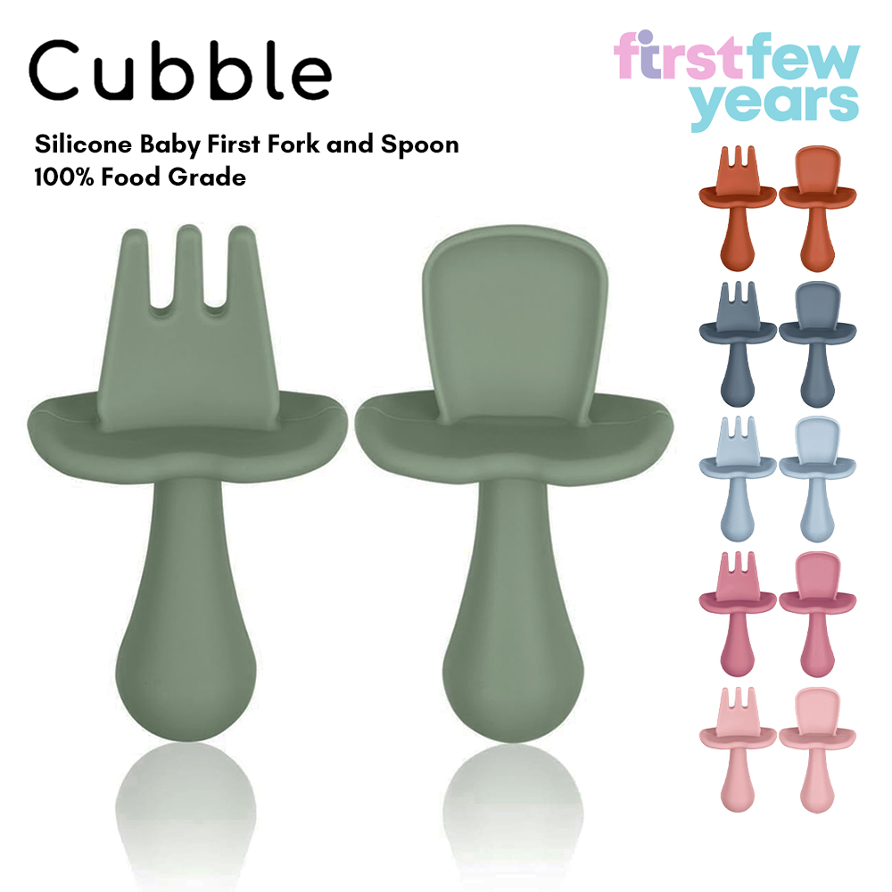 Cubble Silicone Baby First Fork and Spoon (6 Colors) Baby 1st Stage Self Feeding Utensils - 100% Food Grade Silicone