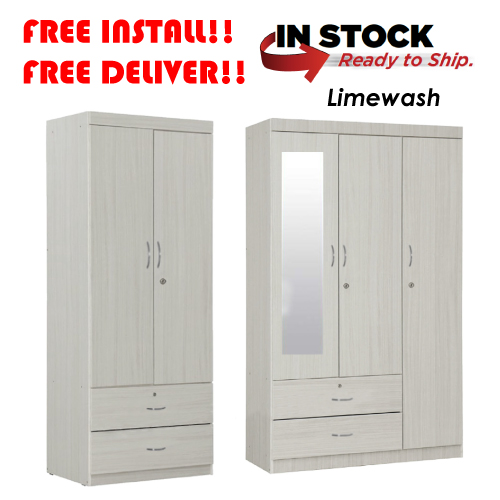 Furniture Amart 2 / 3 Door Wardrobe Solid Plywood Cabinet with Lock Drawers standalone Soft close Door (Limewash)