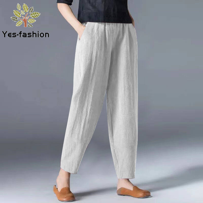 Yes-fashion Korean Style 95% Cotton Pants Women Casual Loose Elasticity Summer New Cropped Trousers for Ladies 0198
