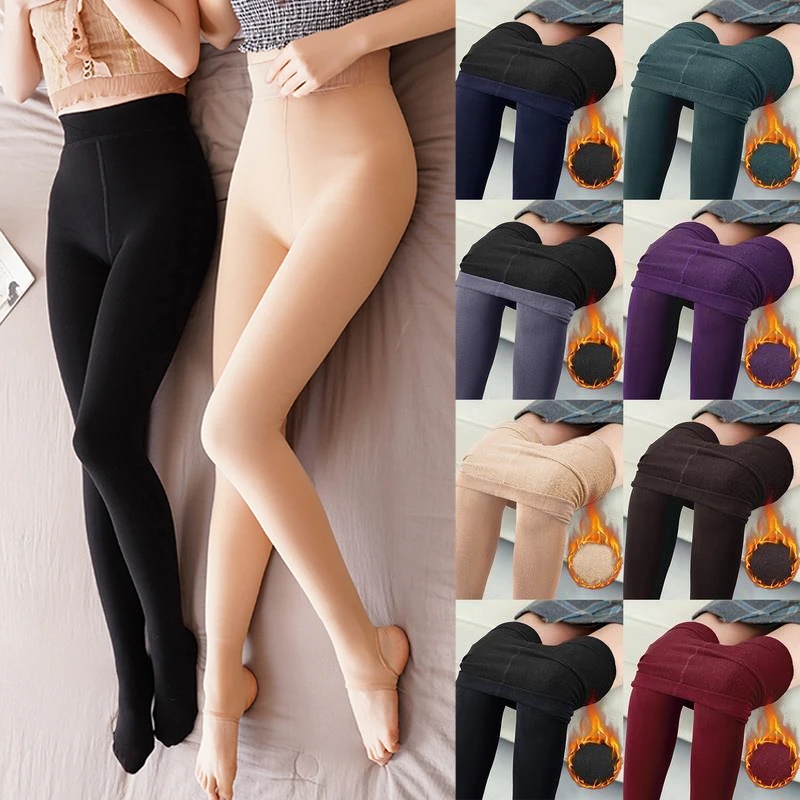 Women Winter Plush Leggings High Waist Solid Color Warm Fleece Pantyhose Stocking Black Elastic Thickened Thermal Velvet Tights
