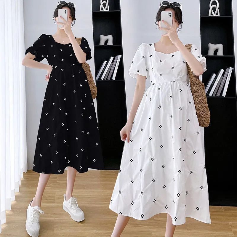 Maternity Dress Korean Style Plus Size Summer High Waist Slimming Cover Belly Pregnant Women Dress Fashion Loose Flower Pregnant Dress Casual Mid-length Short-sleeved Maternity Dress Pregnant
