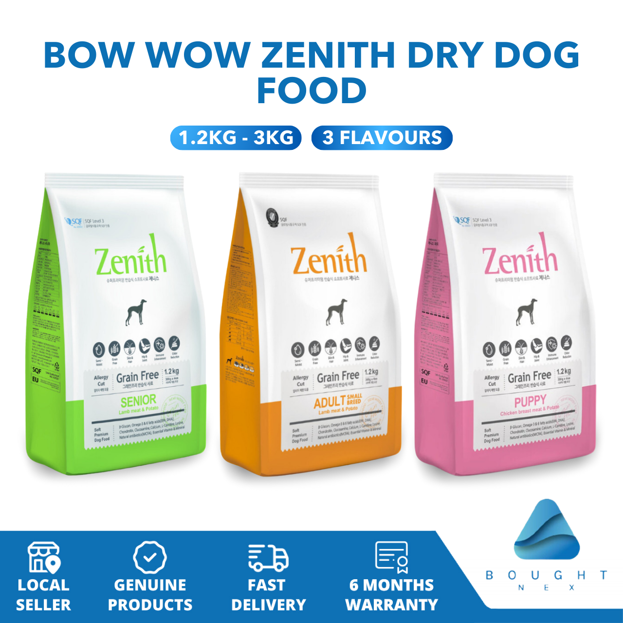 Bow Wow Zenith Dry Dog Food 1.2kg-3kg Puppy Adult  Light & Senior Lamb Meat & Potato Balanced Nutrition for All Stages