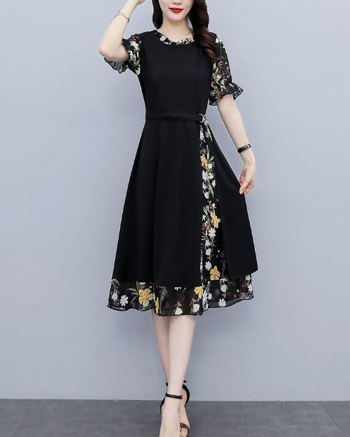 Chiffon Stitching Dress Women's Summer Dress New Popular Plus Size Women's Fat Mm Slim Slim Temperament Skirt