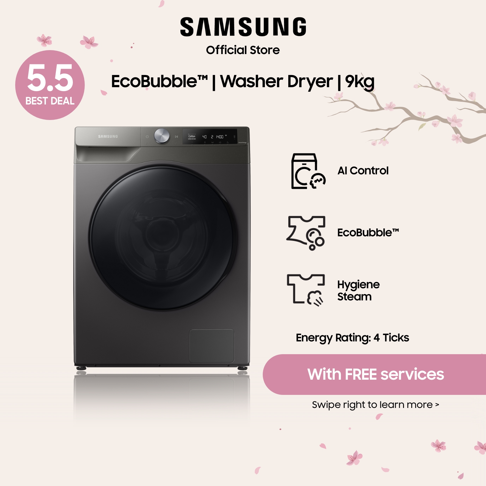 Samsung WD90T634DBN/SP, Washer Dryer, 9/6KG, 4 Ticks, with EcoBubble™
