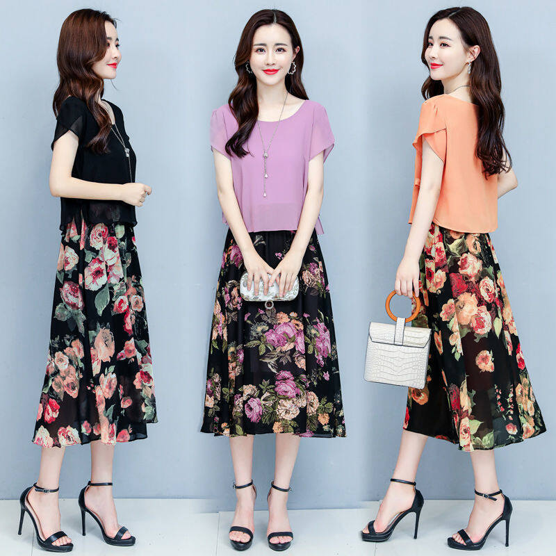 Large Size Belly-covering Fake Two-piece Dress Women's Summer New Style Slimming Mother Floral Chiffon Skirt